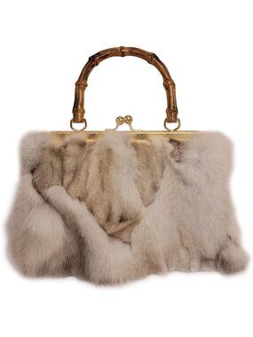 Vintage Real Fox Fur Handbag - Eco-Friendly Kisslock Purse with Bamboo Handle